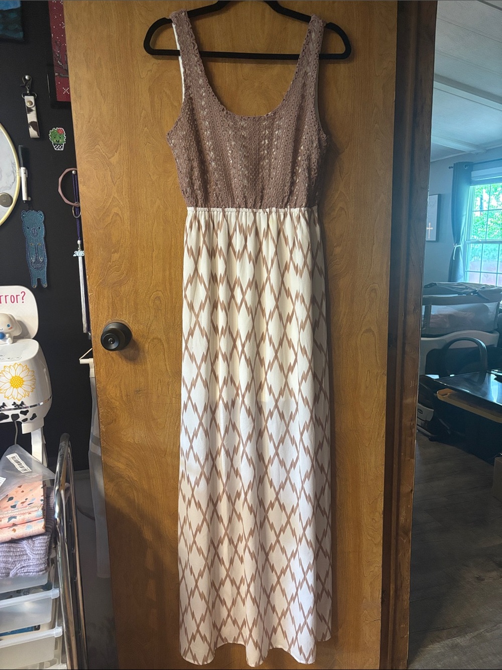 entro Taupe Crochet Bodice Maxi Dress with Cream Geo Print Skirt